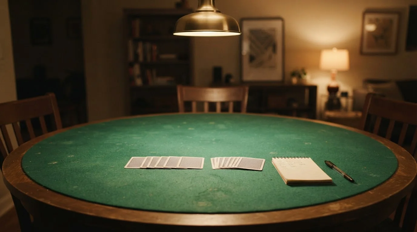 Grüner Spieltisch mit verdeckten Spielkarten, Notizblock und Stift
