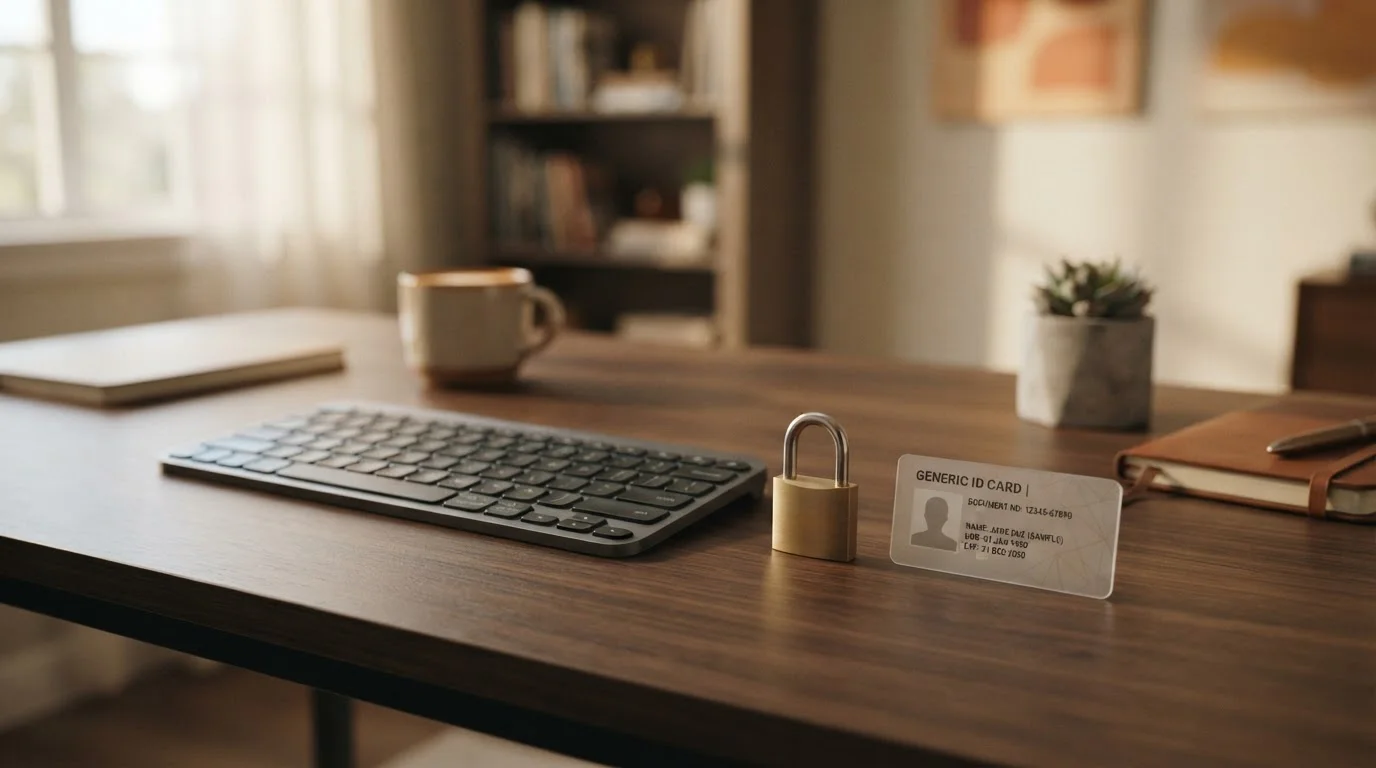 Tastatur mit Sicherheitsschloss und Ausweis daneben, neutral auf einem Schreibtisch