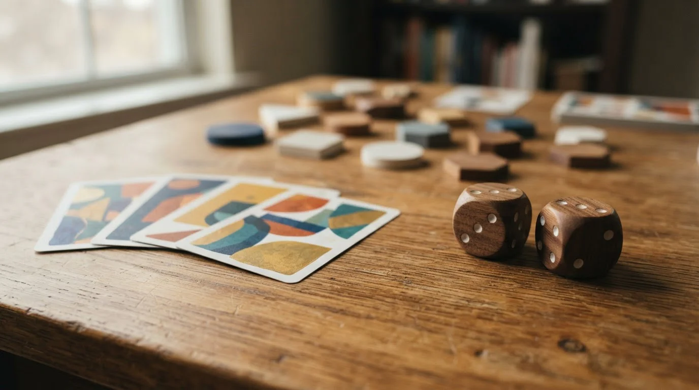 Bunte Spielkarten und Würfel auf einem Holztisch, ohne erkennbares Branding