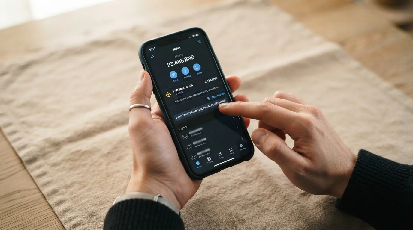 Smartphone mit geöffneter Wallet-App und sichtbarer BNB-Adresse