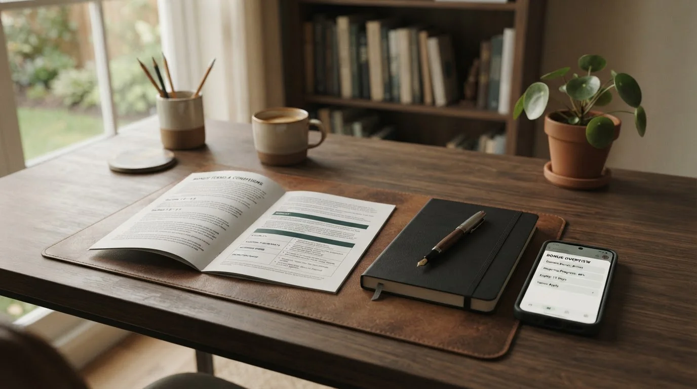Persönlicher Schreibtisch mit aufgeschlagenem Bonus-AGB-Heft und einem Notizbuch daneben