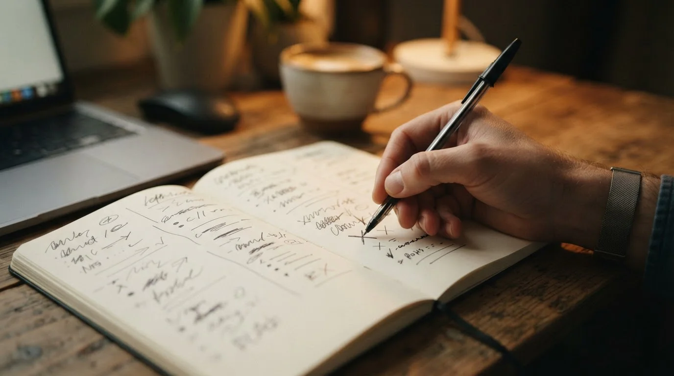 Person mit Stift und Notizblatt bei einer Bonusberechnung