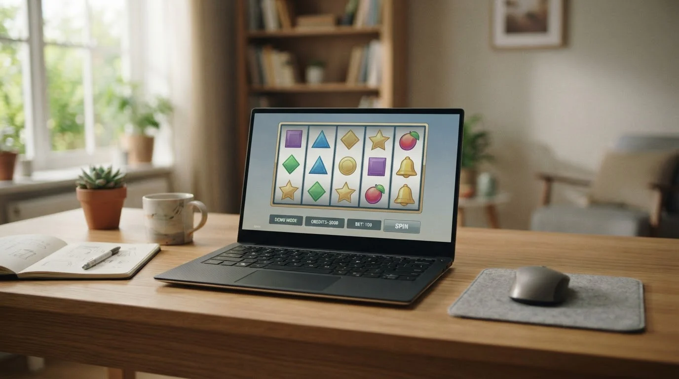 Laptop mit neutraler Vorführversion eines Spielautomaten ohne Markenkennzeichen