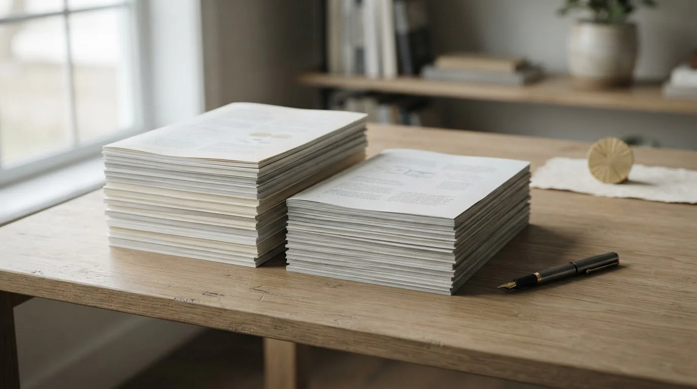 Zwei Papierstapel auf einem Schreibtisch, links höher als rechts