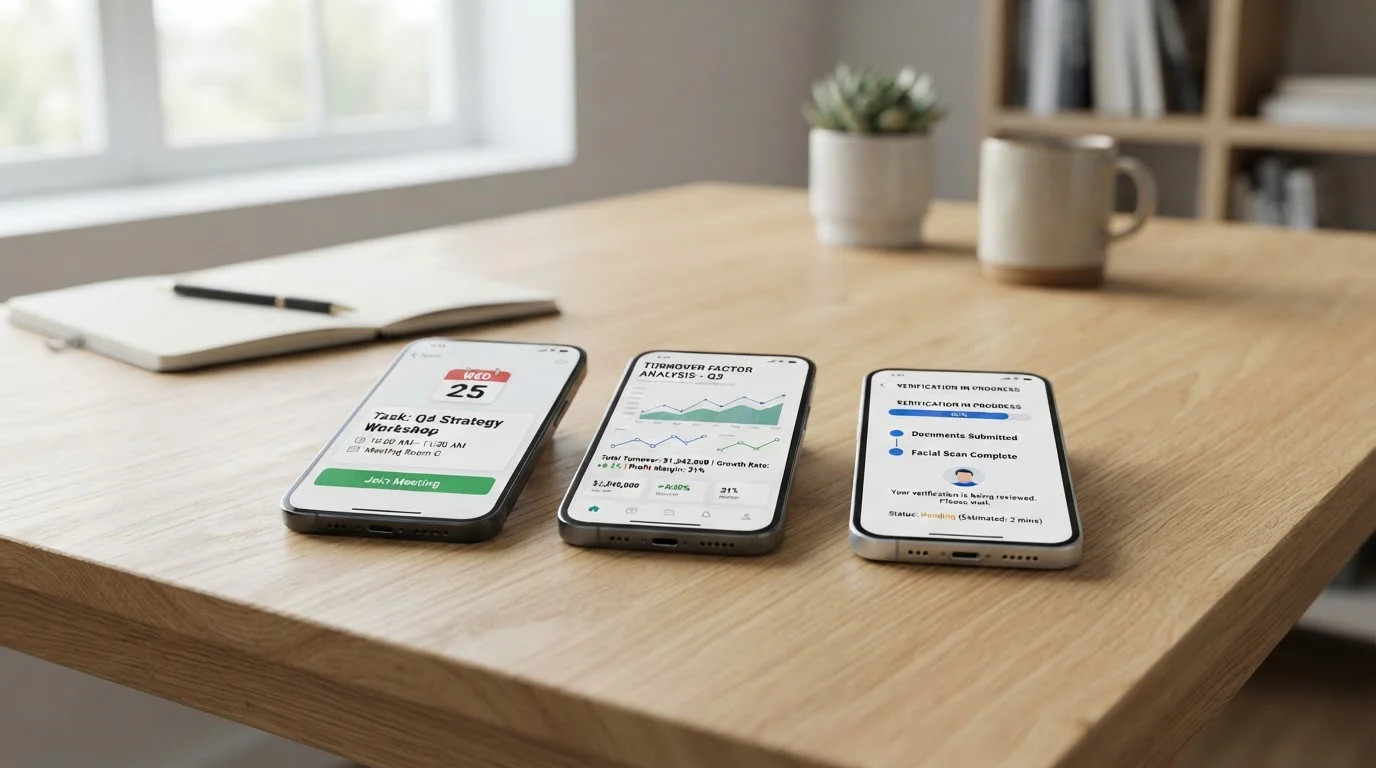 Drei Smartphones nebeneinander mit geöffneten Bonusbedingungen, jedes zeigt einen anderen Aspekt: Aktionsseite, Umsatzfaktor, Verifizierungsstatus