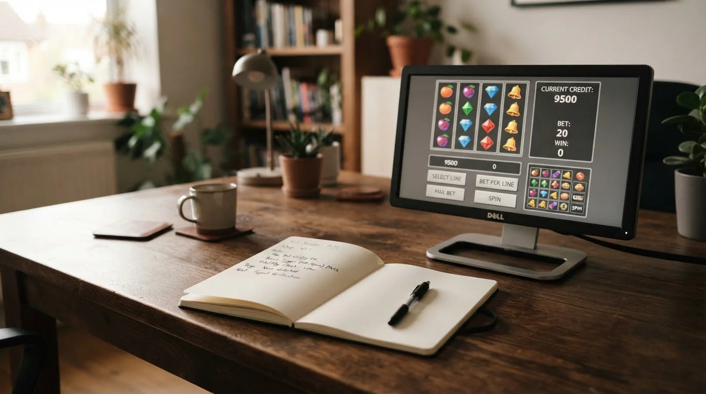 Notizbuch mit handschriftlichem Vermerk auf einer Pinnwand, daneben ein leerer Spielautomat-Screen im Testmodus, neutrales Raumlicht