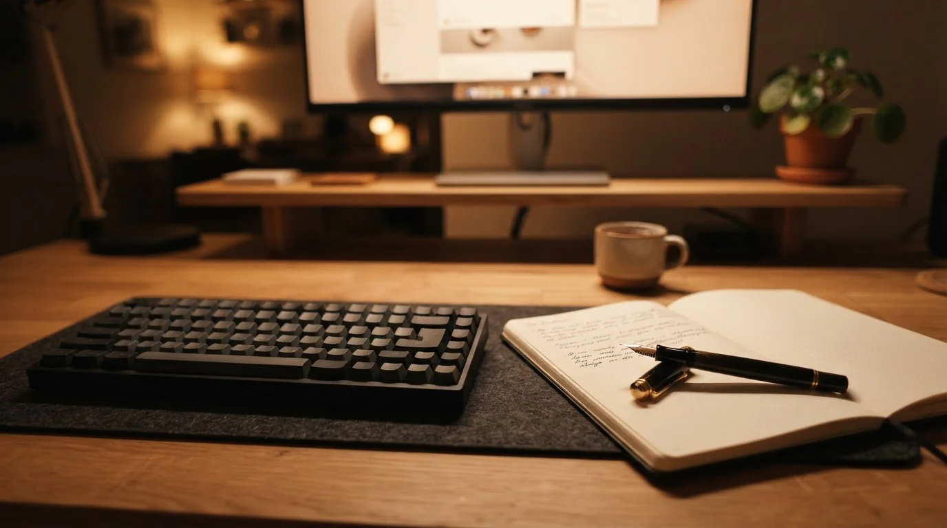 Tastatur, Notizbuch und Stift, ein sanft beleuchteter Bildschirm im Hintergrund