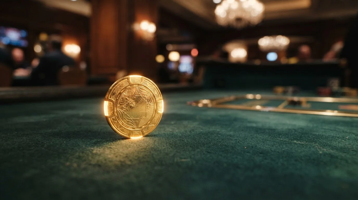 Goldener Spielmarke auf grünem Filz als Symbol für Bonus und Freispiele