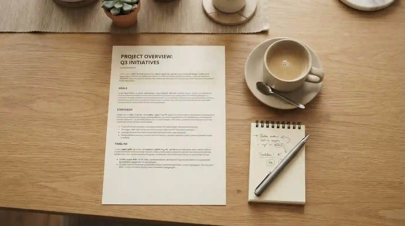 Flachbild eines A4-Dokuments mit neutralen Textblöcken, Kaffeetasse und Notizbuch aus der Vogelperspektive