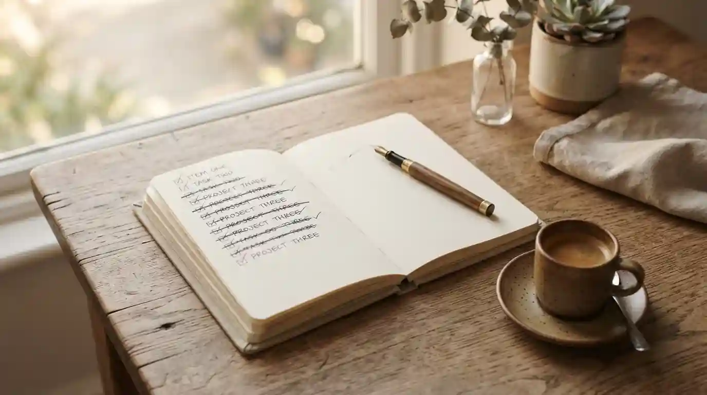 Notizbuch mit abgehakter Bonus-Checkliste und Espresso