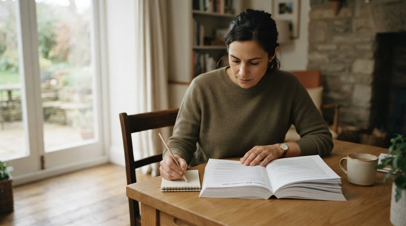 Person liest Bonusbedingungen am Schreibtisch mit Notizbuch