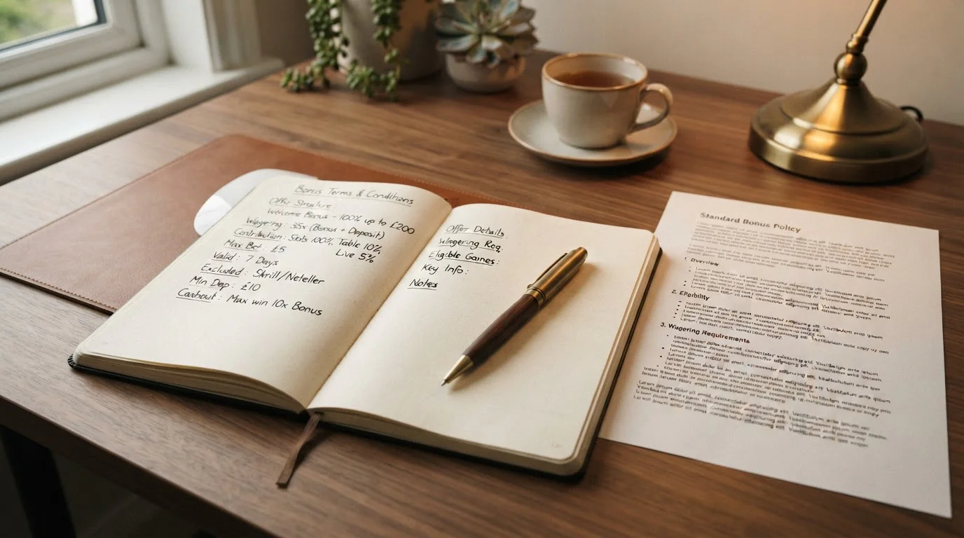Notizbuch mit handschriftlichen Notizen zu Umsatzfaktor und Max-Cashout neben einem Kugelschreiber