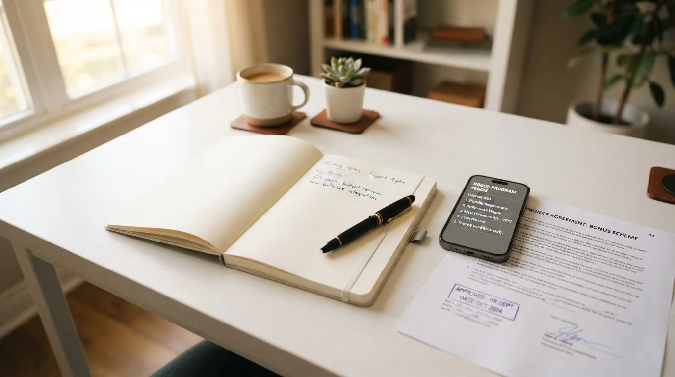 Notizbuch mit Stift neben einem Smartphone, das eine Bonusliste anzeigt