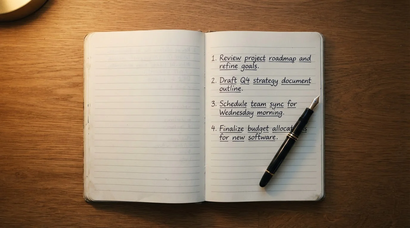 Notizbuch mit aufgelisteten Bonusbedingungen und einem Stift daneben