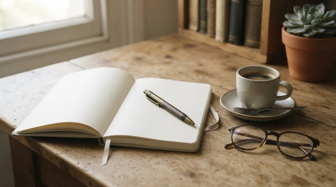 Notizbuch und Stift auf einem Schreibtisch, Planungs-Atmosphäre