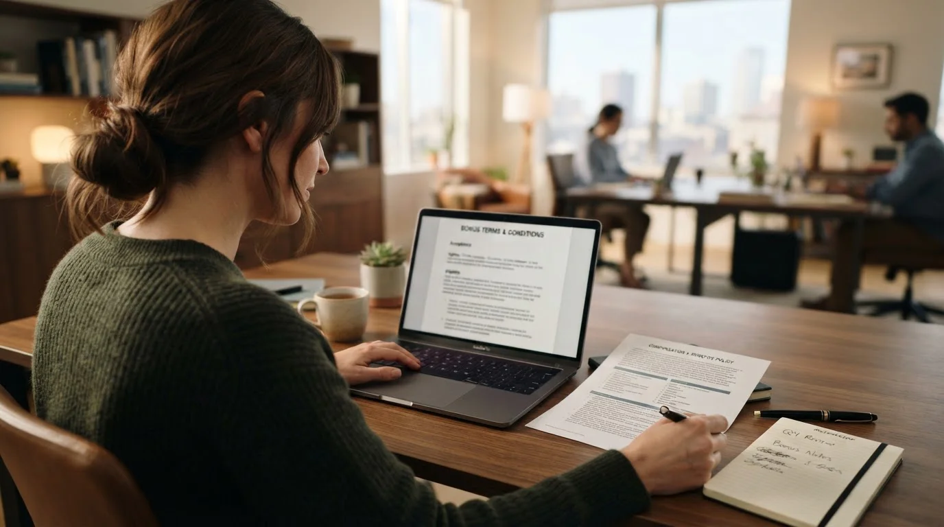 Person an einem Laptop liest Bonusbedingungen auf einem neutralen Dokument