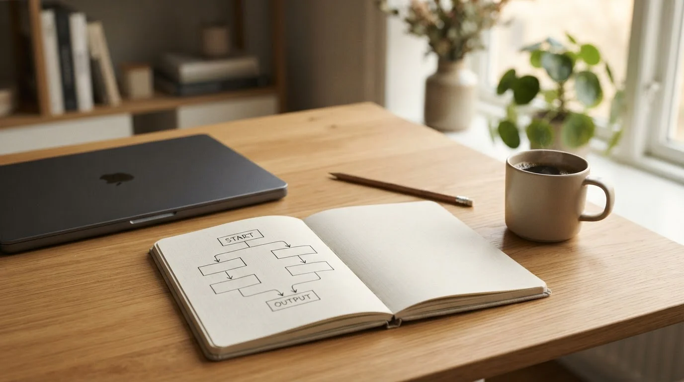Notizbuch mit einfacher Skizze und Stift auf dem Schreibtisch — visuelle Übersicht der Bonusbedingungen