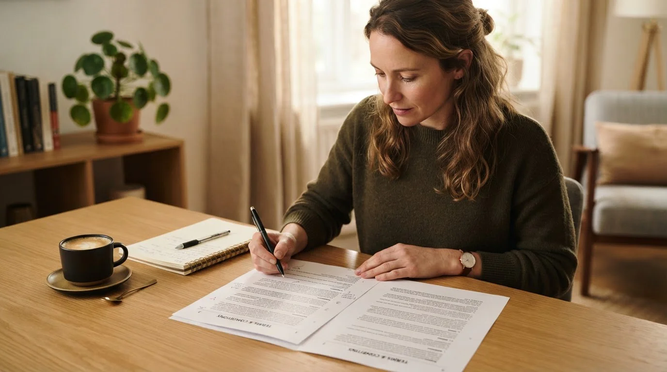 Person am Schreibtisch, die ein gedrucktes Bonusregelwerk liest