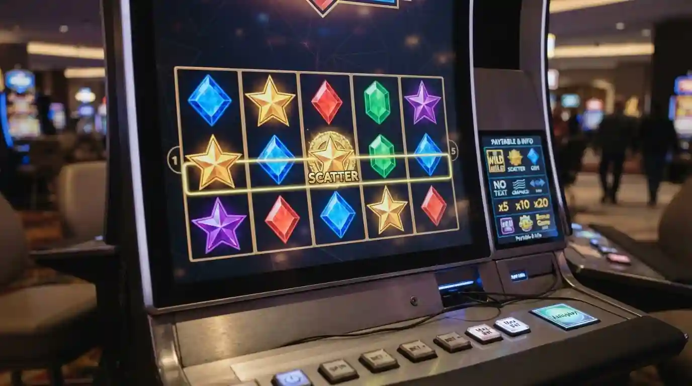 Neutrale Spielautomatenwalzen mit Wild- und Scatter-Symbolen in einem Regelmenü