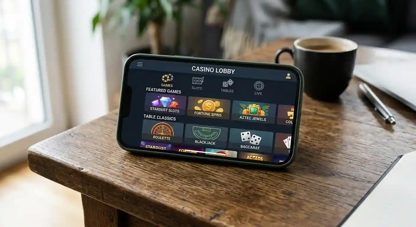 Smartphone auf dem Tisch, geöffnete Casino-Lobby im mobilen Browser, neutrale Oberfläche ohne Logos