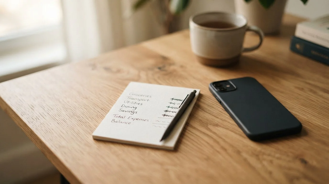Notizblock mit festgelegtem Budget neben einem gesperrten Smartphone