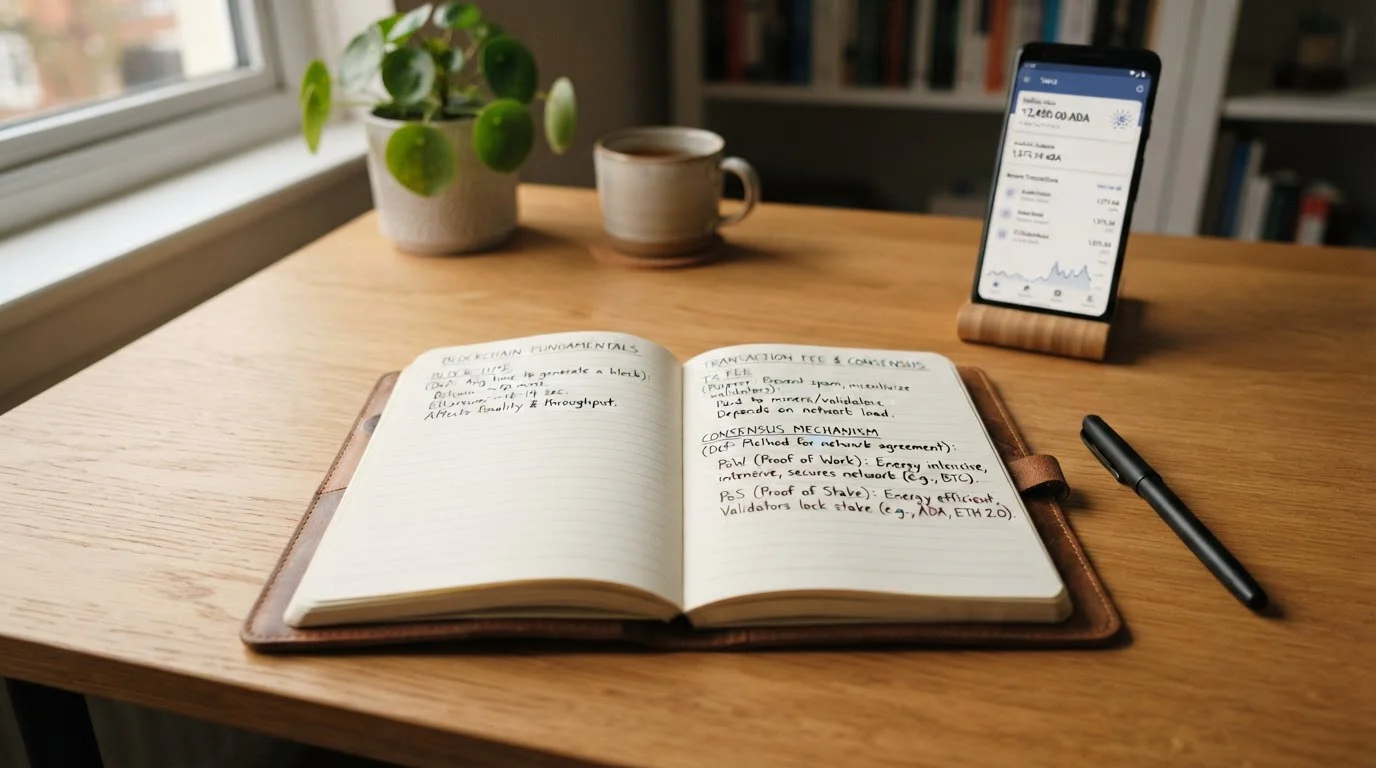 Notizbuch mit handschriftlicher Aufzeichnung von Cardano-Transaktionszeiten und Gebühren