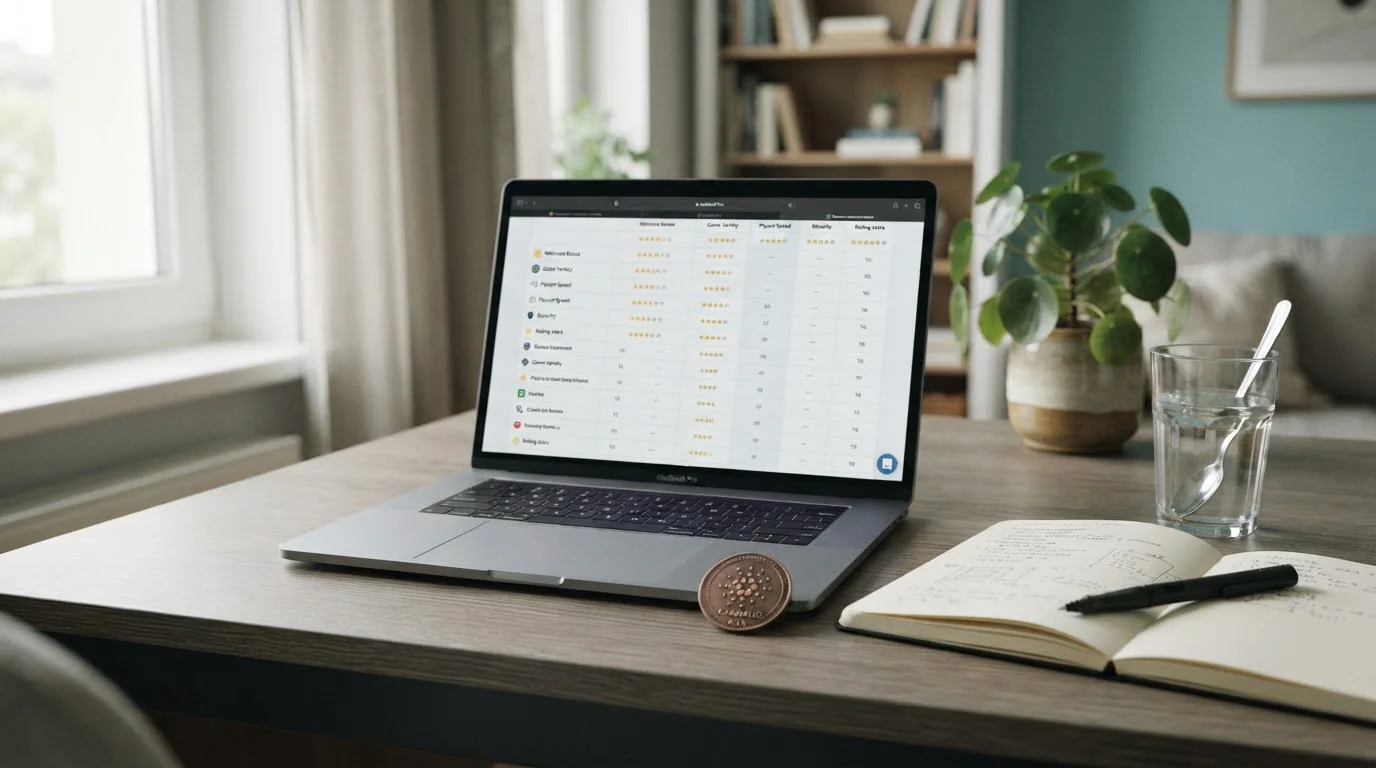 Cardano-Münze neben Laptop mit Casino-Übersicht auf dem Bildschirm