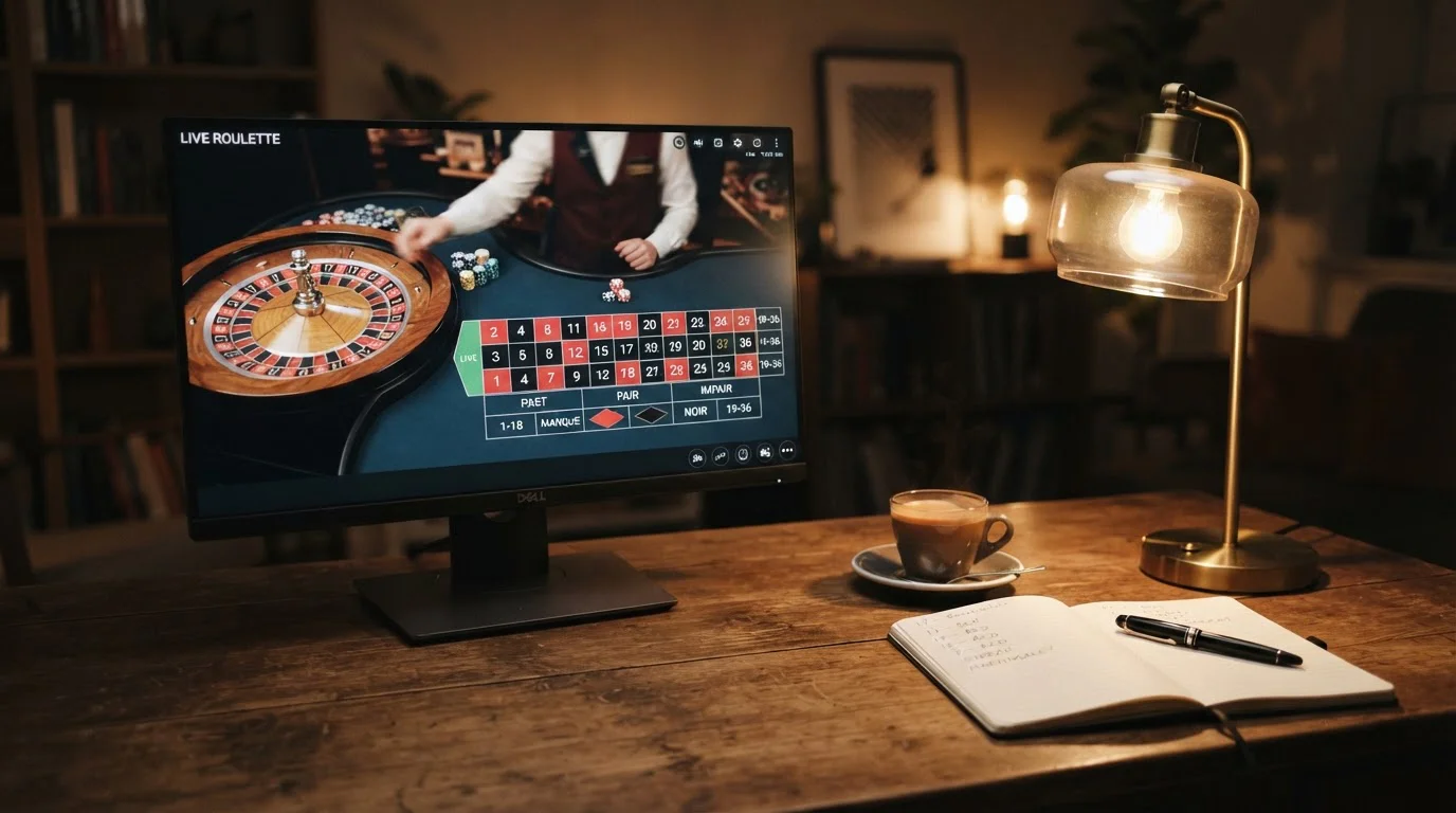 Live-Croupier-Tisch am Bildschirm mit Evolution-Logo-Stil und Spielrunde