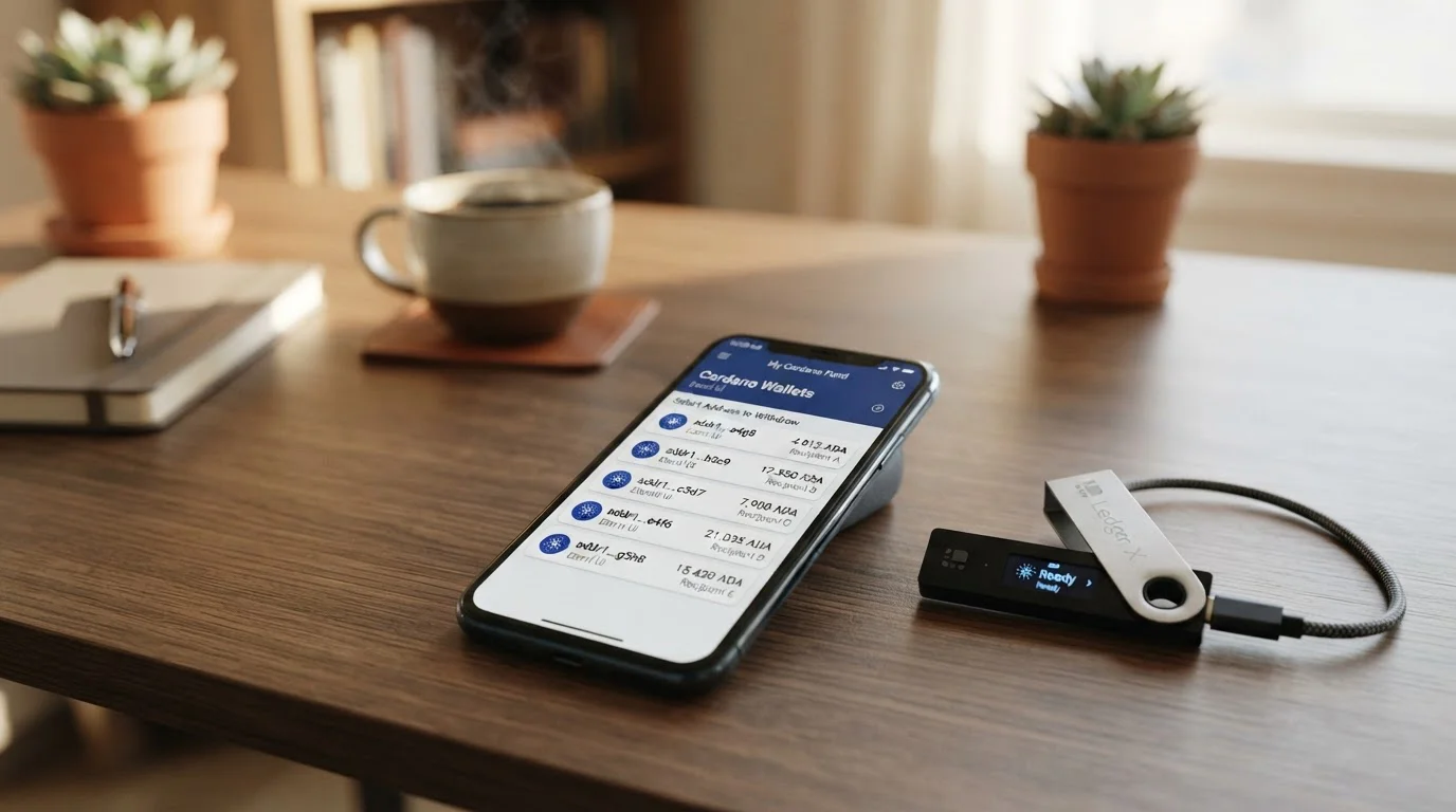 Smartphone mit aktiver Cardano-Wallet und Liste von Casino-Einzahlungsadressen