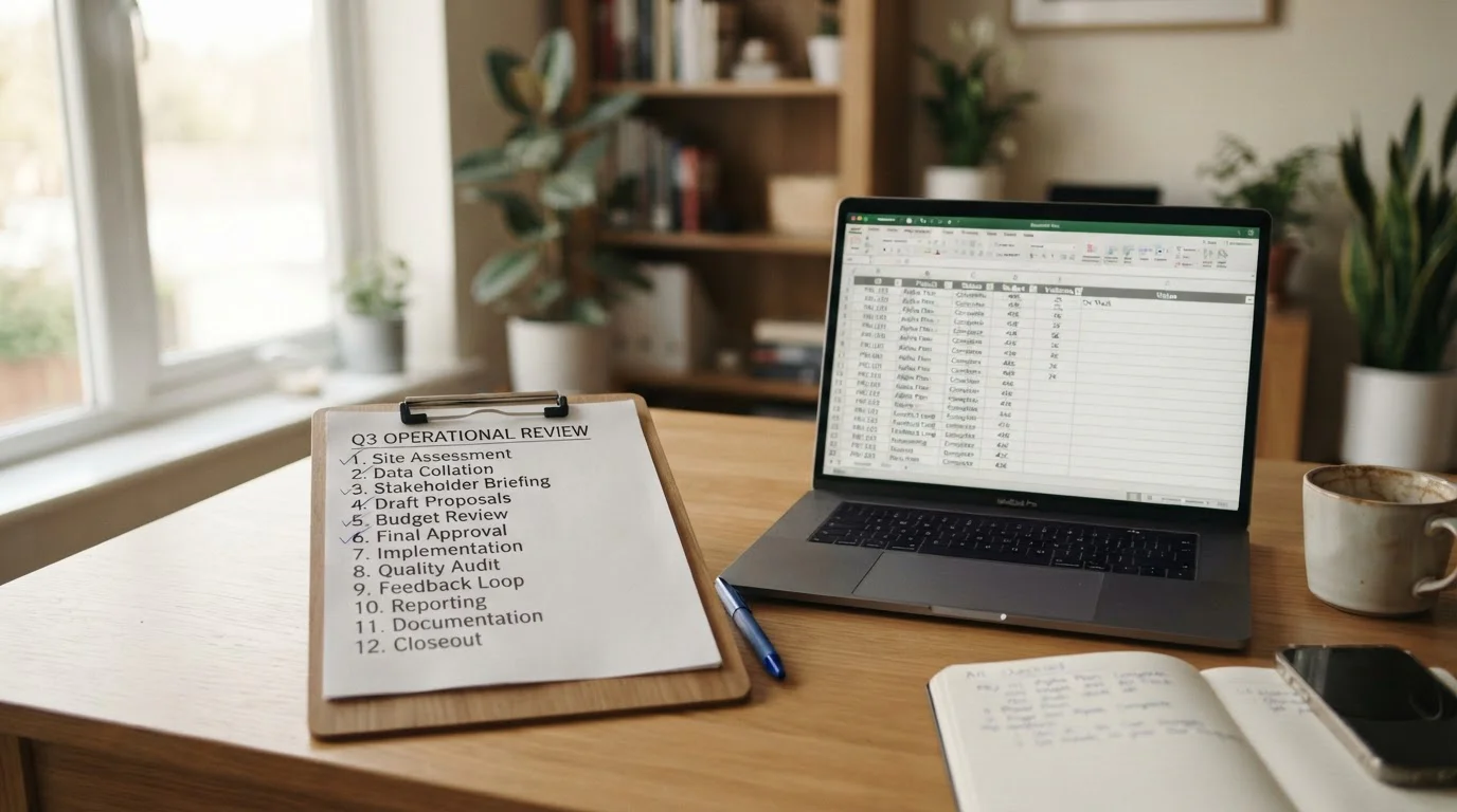 Checkliste mit zwölf abgehakten Kriterien auf einem Clipboard, daneben ein geöffnetes Laptop mit Vergleichstabelle, Bürolicht, neutrale Atmosphäre