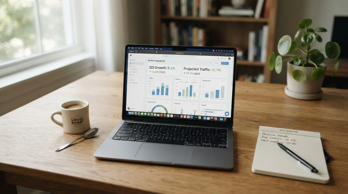 Laptop mit geöffneter Bonus-Informationsseite und einem Notizbuch daneben