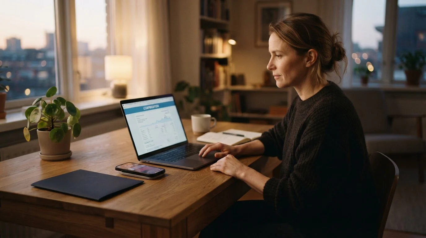 Erwachsene Person prüft eine neutrale Banküberweisung auf Laptop und Smartphone