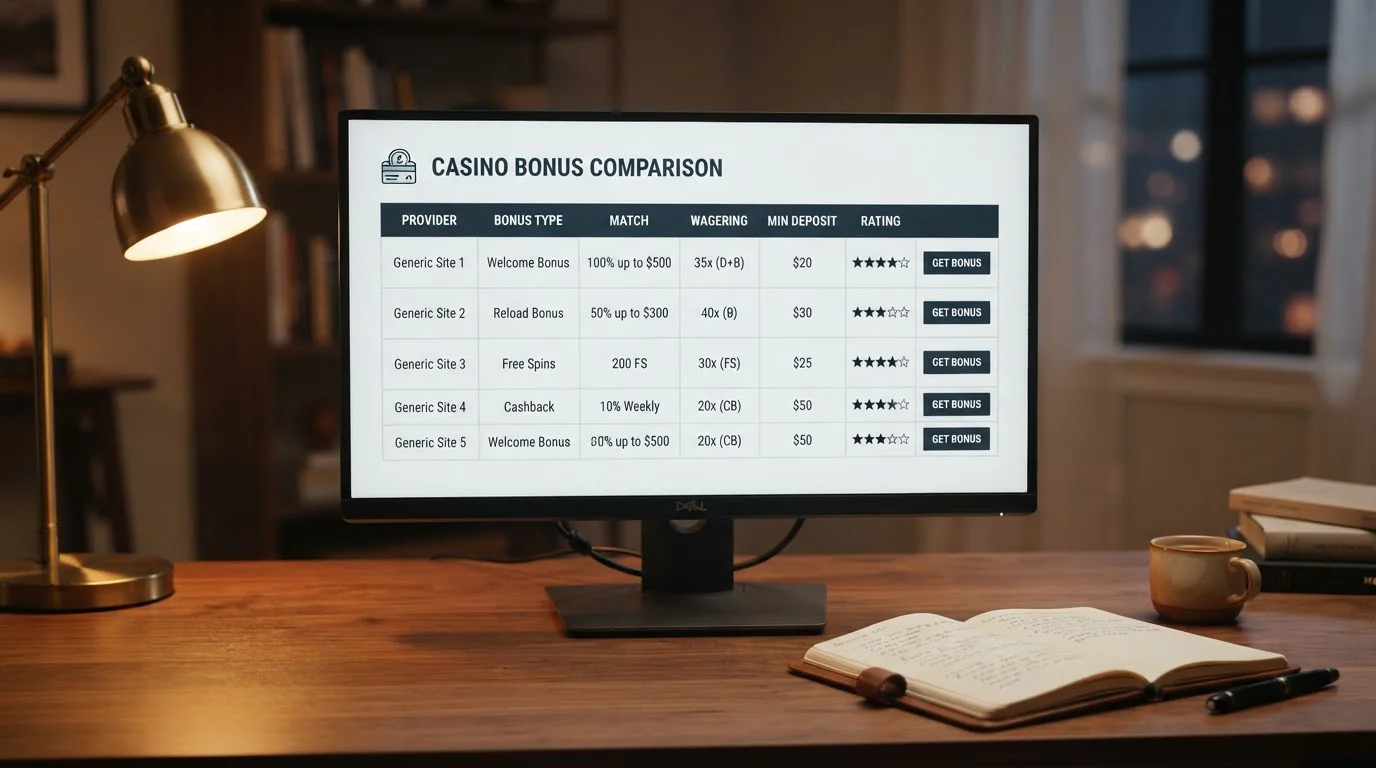 Vergleichstabelle von Casino-Bonusangeboten auf einem Bildschirm, daneben Brille und Notizbuch