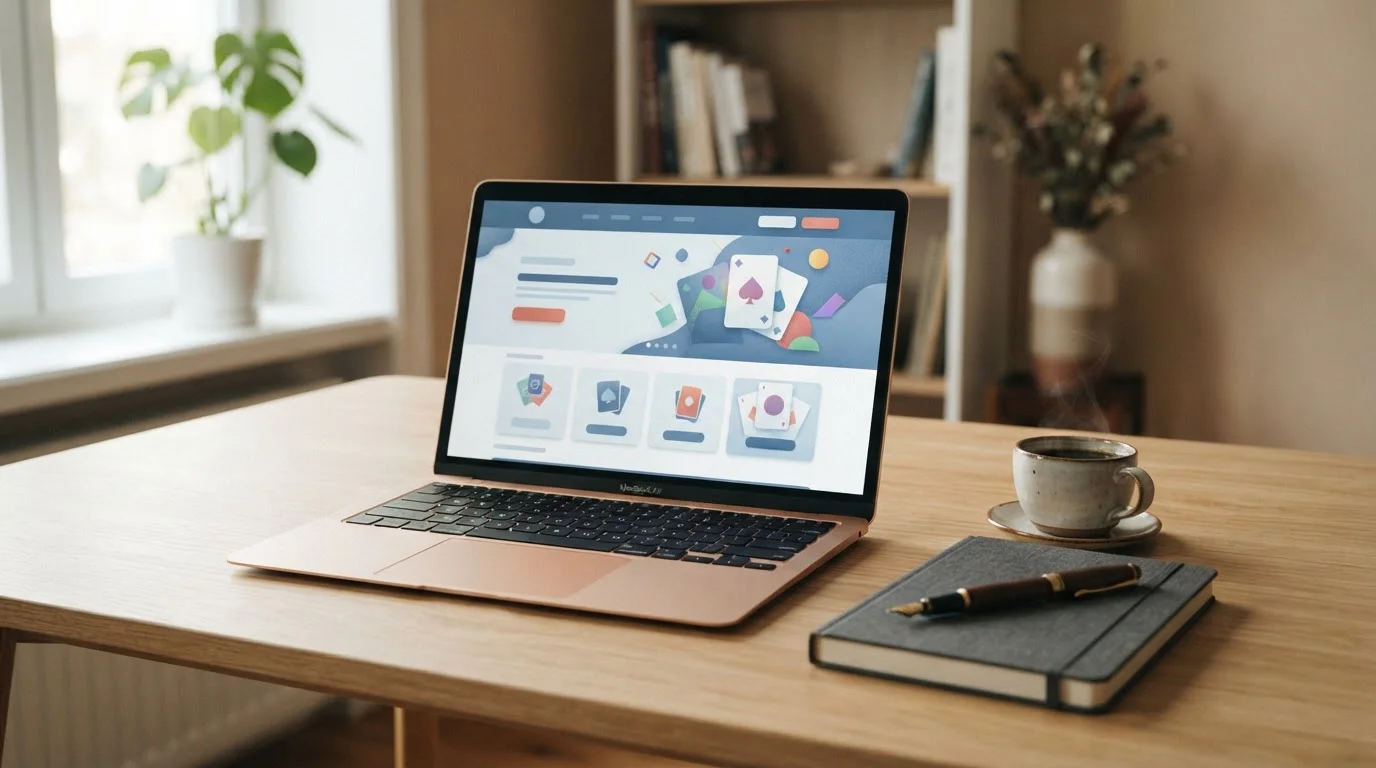 Laptop auf einem aufgeräumten Schreibtisch mit einem geöffneten Browser-Fenster zu einem deutschen Online-Casino mit GGL-Lizenz