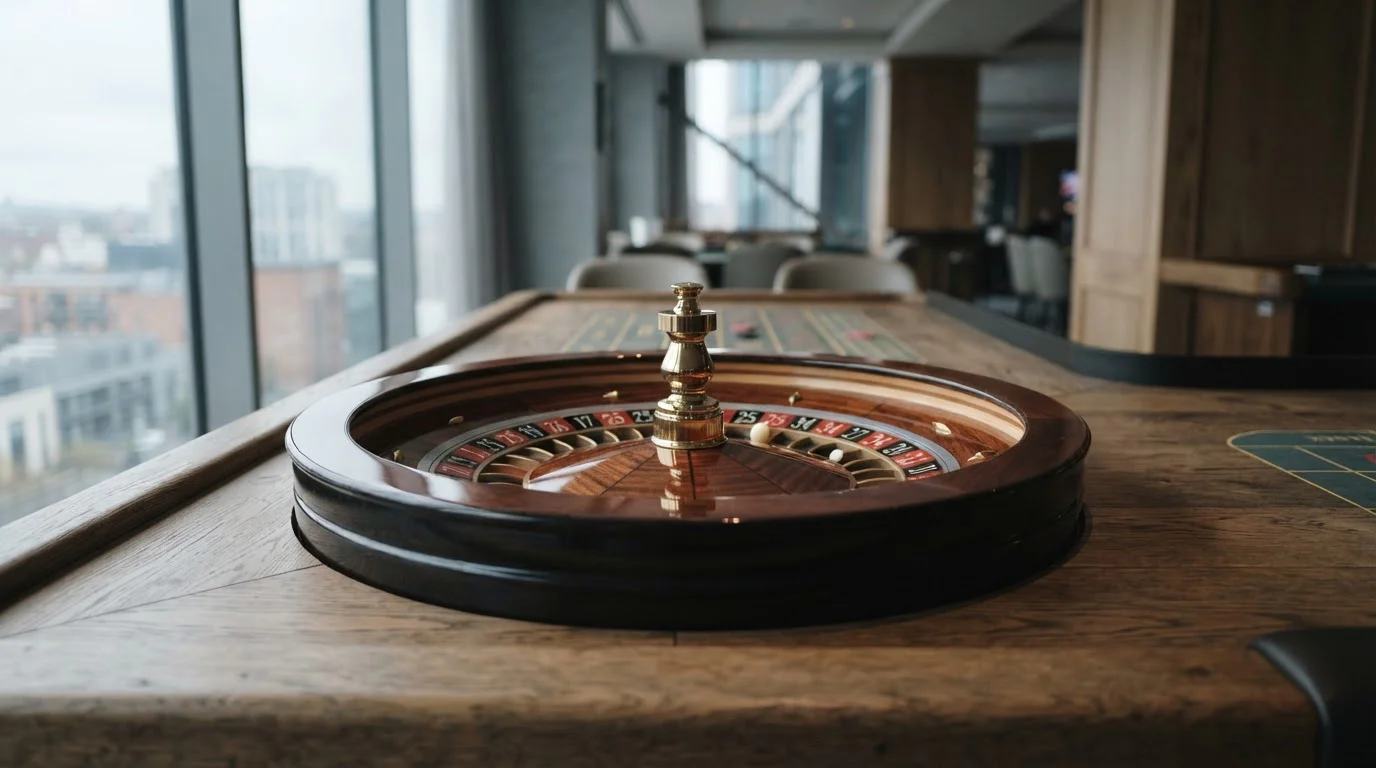 Roulette-Tisch mit Kugel und stillgelegtem Marker, neutrales Tageslicht