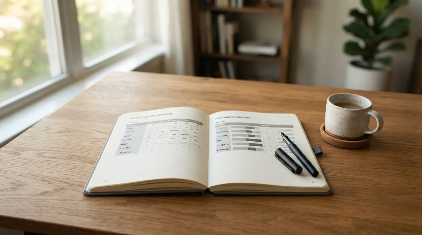 Offenes Notizbuch mit ausgedruckter Vergleichstabelle auf dem Schreibtisch