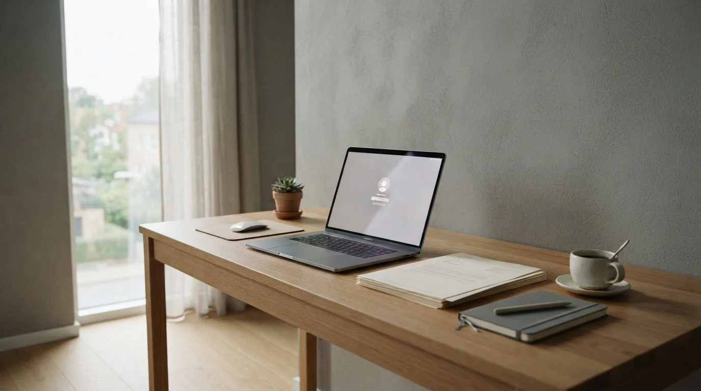 Aufgeräumter Schreibtisch mit Laptop, Dokumenten und Tasse als neutraler Einstieg ins Thema