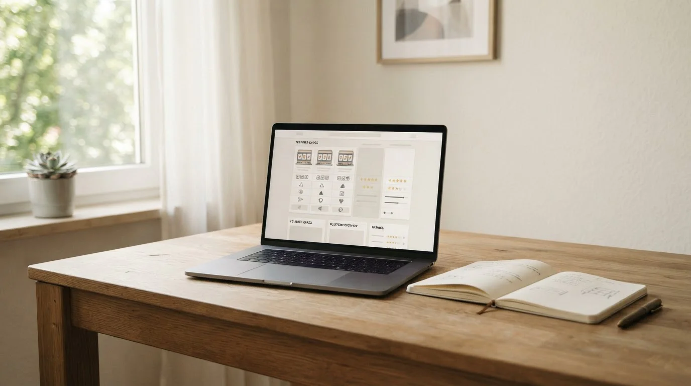 Schreibtisch mit Laptop und offenem Slot-Vergleich im Browser