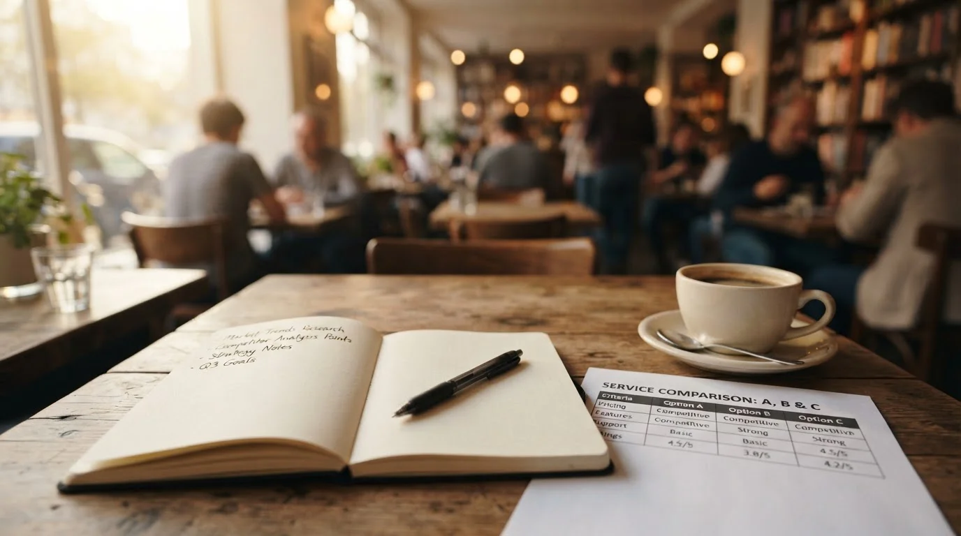 Café-Tisch mit Notizbuch und Bonus-Vergleichsblatt zur AGB-Prüfung