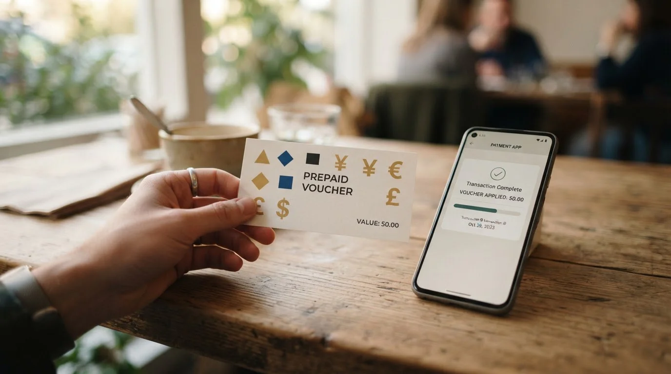 Prepaid-Gutschein und Smartphone mit neutraler Zahlungs-App als Symbol für Paysafecard ohne LUGAS