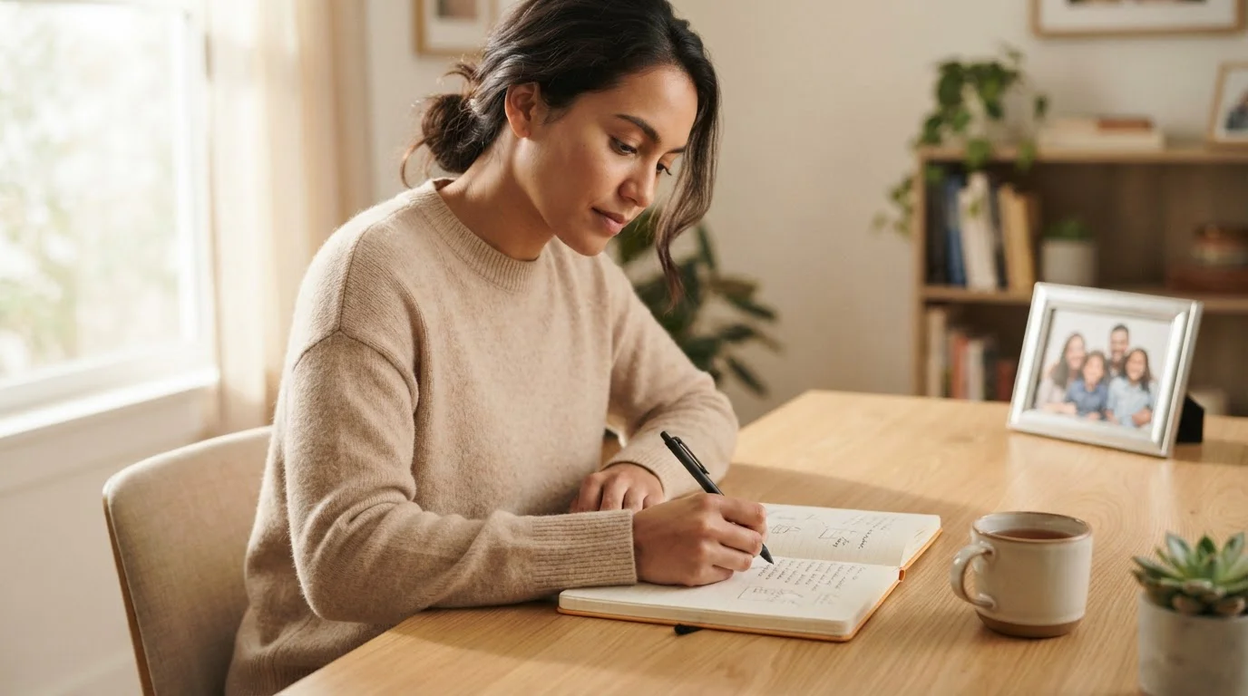 Person am aufgeräumten Schreibtisch mit Notizbuch, Stift und gerahmtem Familienfoto im Hintergrund