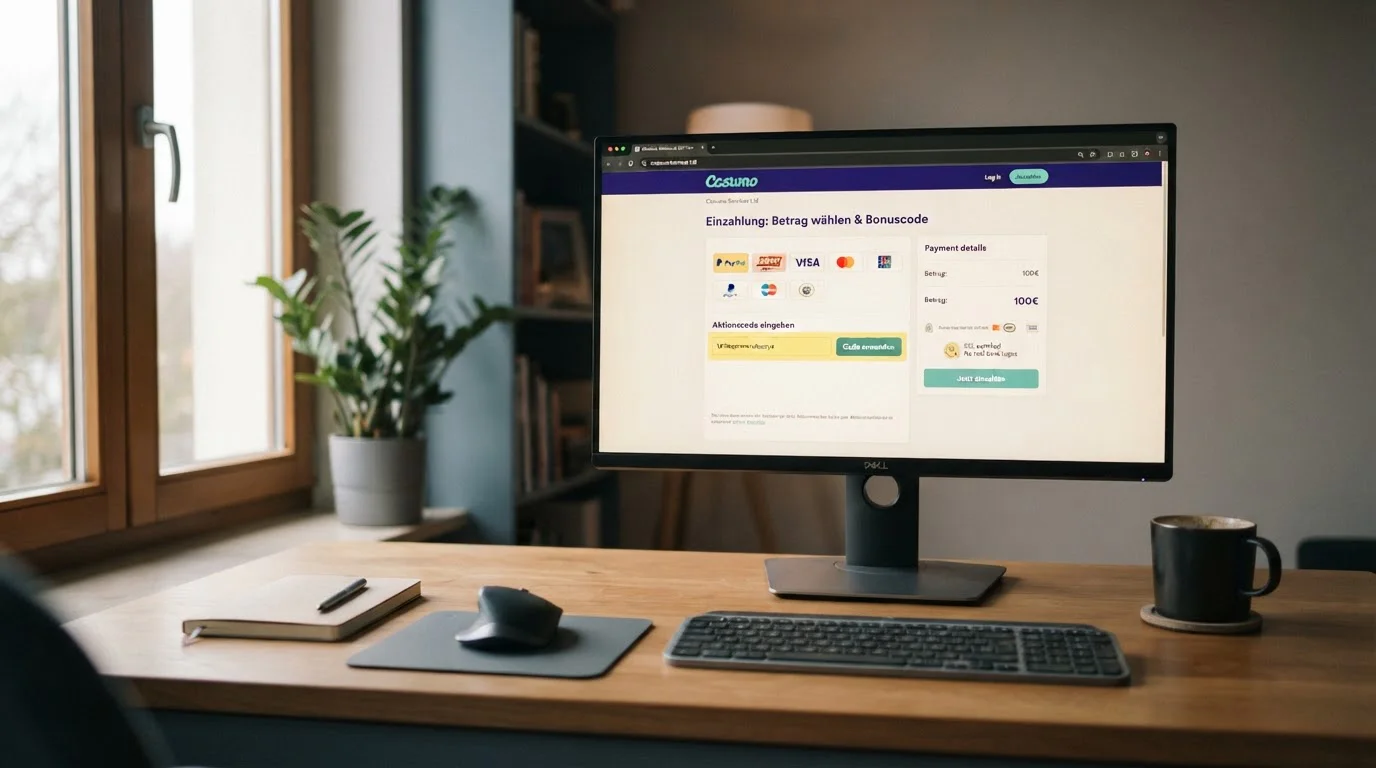 Kassenbereich eines Online-Casinos mit aktivem Aktionscode-Feld