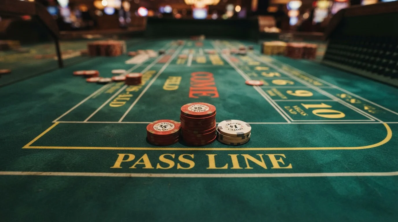 Nahaufnahme eines Craps-Tisches mit Jetons auf der Pass-Line-Zone und einer Odds-Wette dahinter
