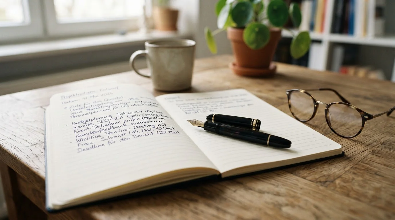 Notizbuch mit Stift und eine handschriftliche Aufstellung von Bonusbedingungen auf liniertem Papier