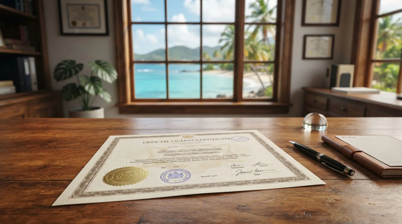 Curaçao Gaming Authority Lizenz-Dokument auf tropischem Hintergrund