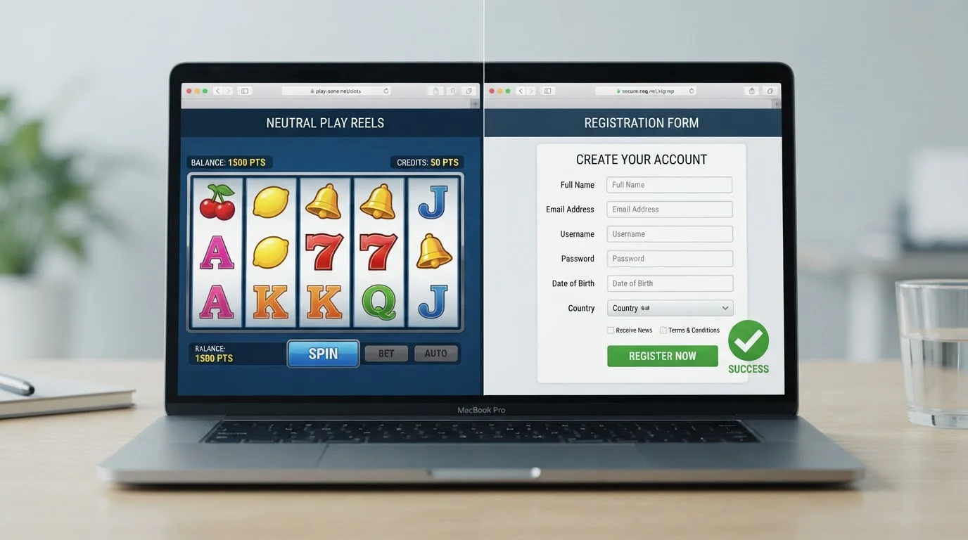 Symbolische Darstellung zweier Wege: links ein Browser-Fenster mit Demo-Walzen, rechts ein Registrierungsformular mit einem Häkchen daneben