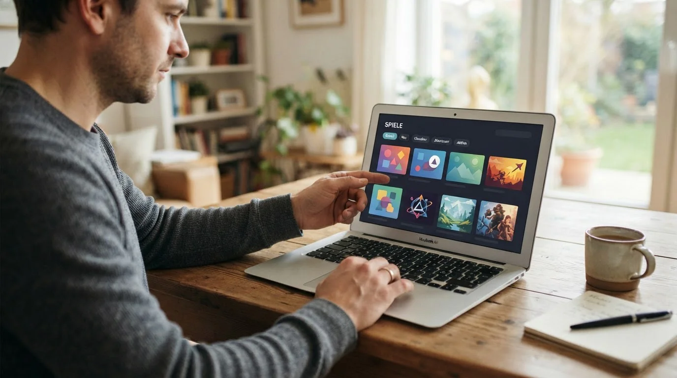 Laptop mit neutraler deutscher Casino-Oberfläche und getrennten Spielkategorien