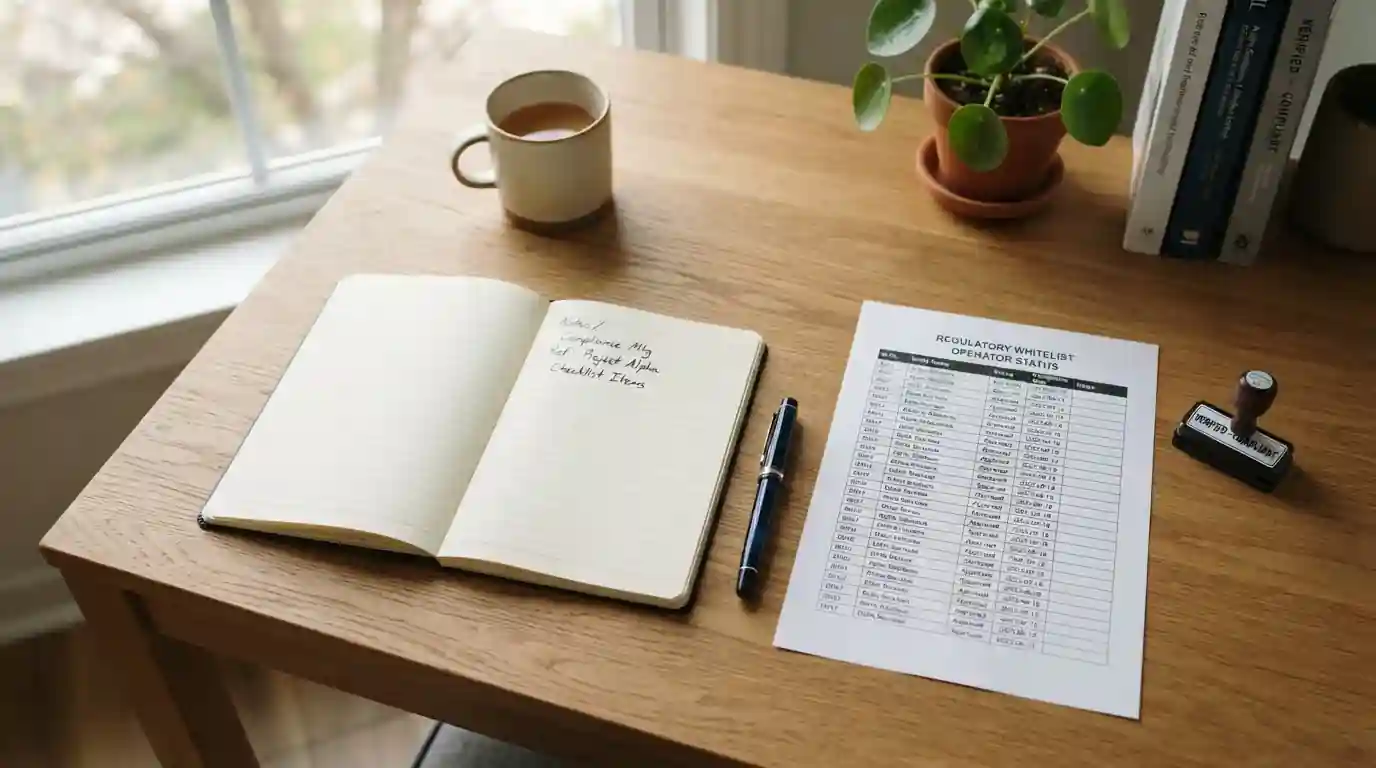 Schreibtisch mit Notizbuch, Stift und einem Ausdruck mit Whitelist-Einträgen