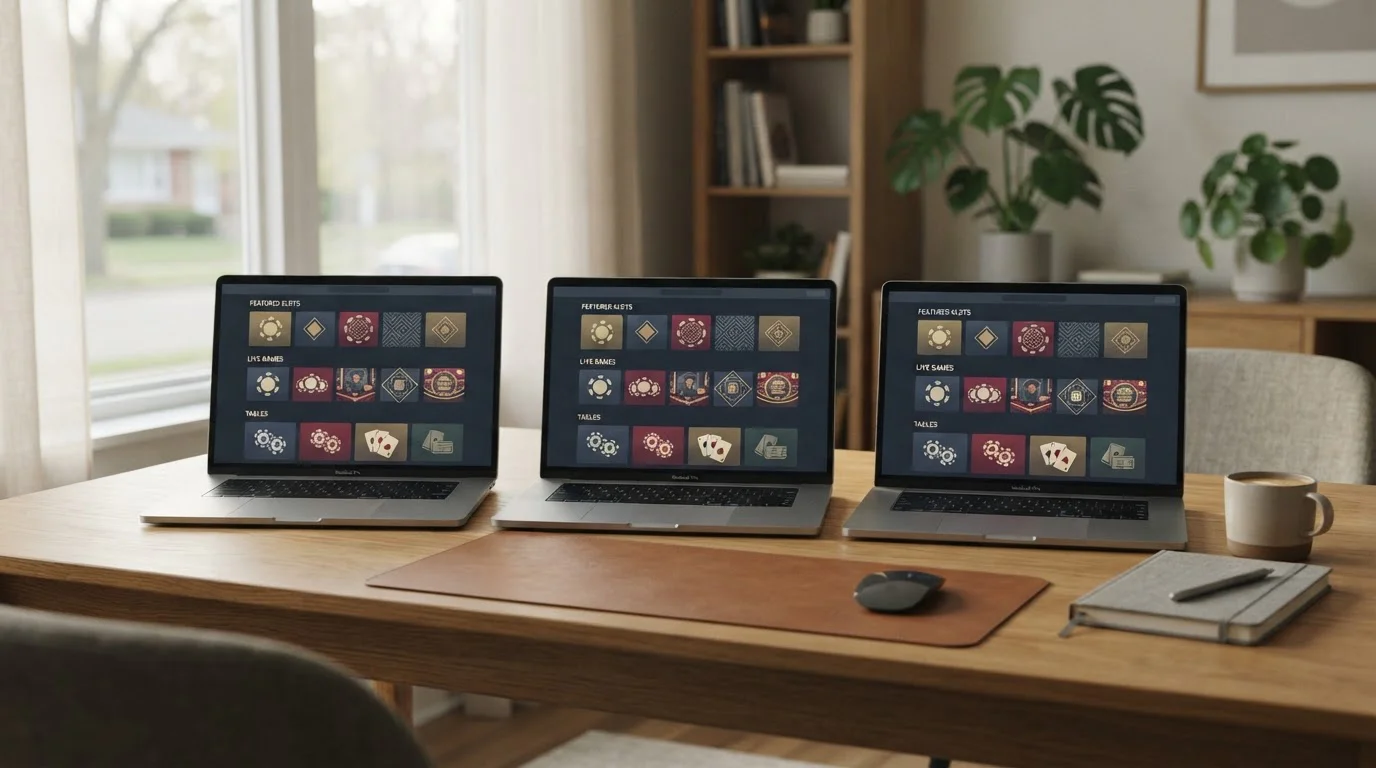Übersicht von Laptop-Bildschirmen mit Glücksspiel-Plattformen nebeneinander auf einem Schreibtisch