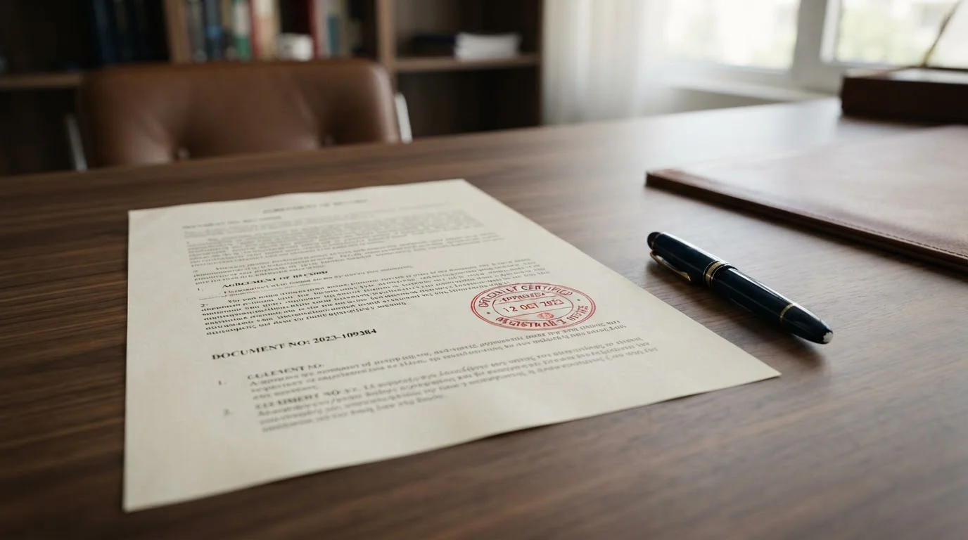 Offizielle Dokumentenseite mit gestempelten Paragraphen und neutraler Beleuchtung